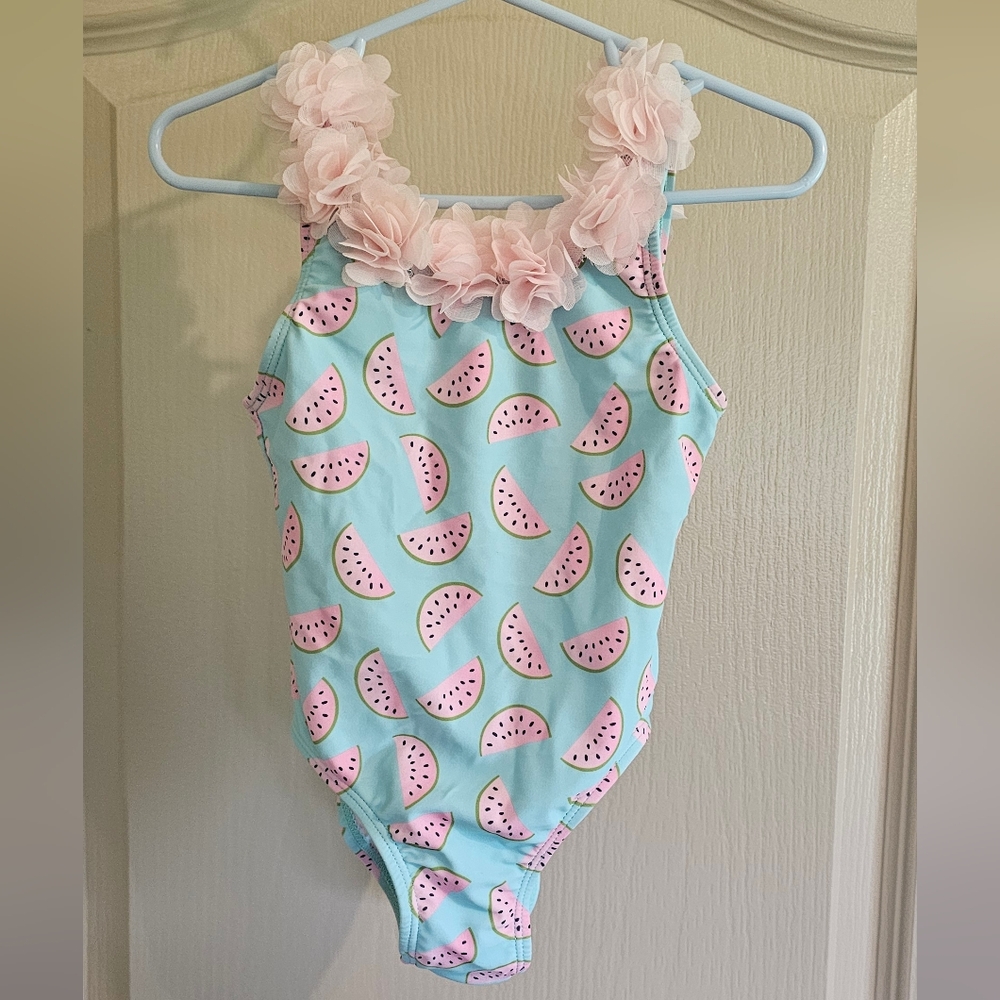 Real Love 2T One Piece Bathing Suit With Watermelon & Floral Lei Like Trim Pink